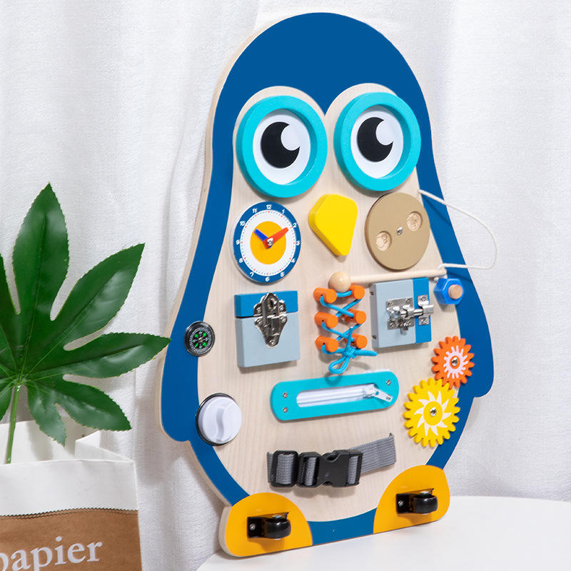 WANHUA high quality non toxic wooden montessor animal penguin busy board for toddlers