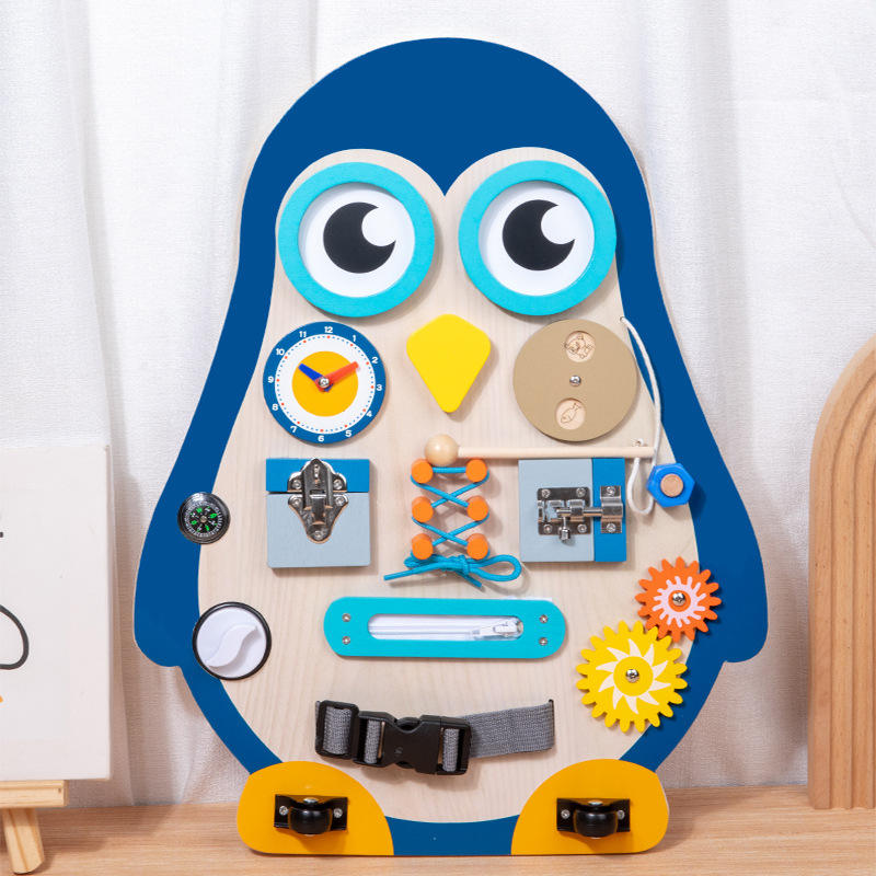 WANHUA high quality non toxic wooden montessor animal penguin busy board for toddlers