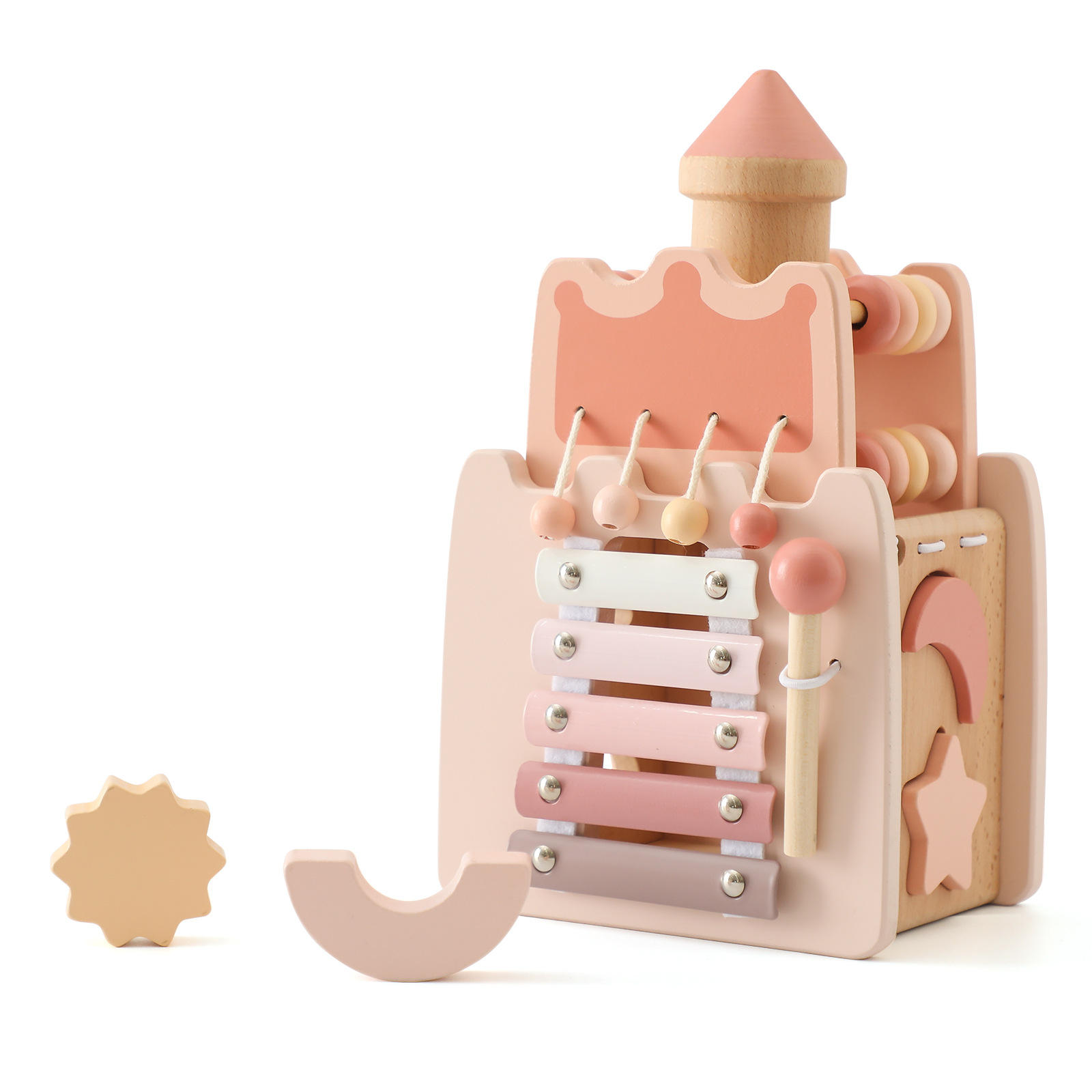 5 in 1 Montessori wooden pink castle blocks Activity Busy Cube toys Multifunctional Matching Toy for Kids girls