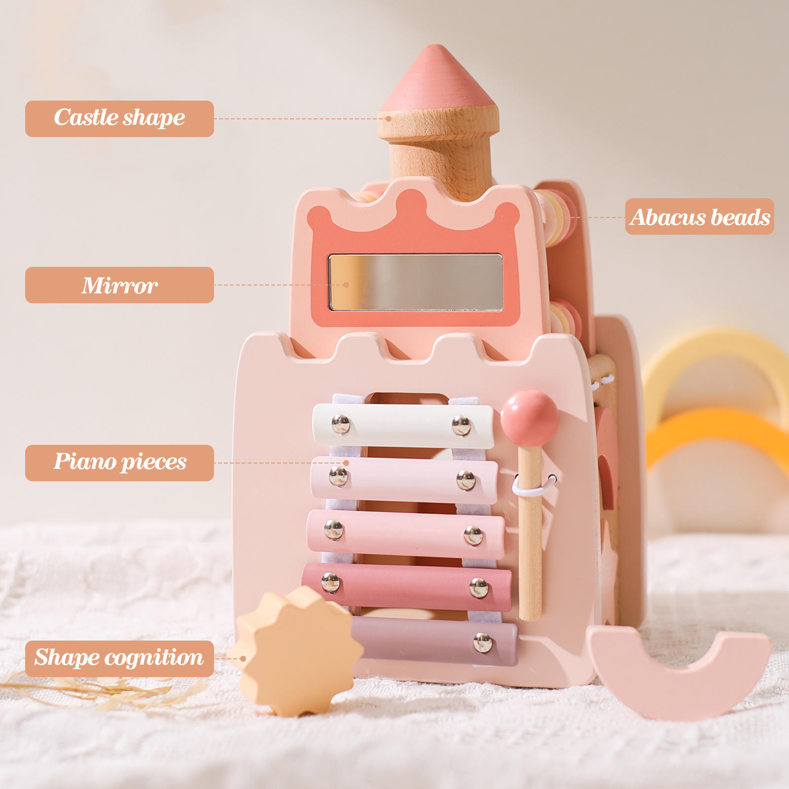 5 in 1 Montessori wooden pink castle blocks Activity Busy Cube toys Multifunctional Matching Toy for Kids girls