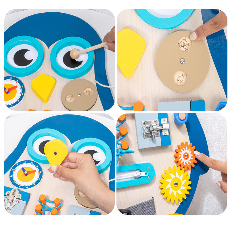 WANHUA high quality non toxic wooden montessor animal penguin busy board for toddlers