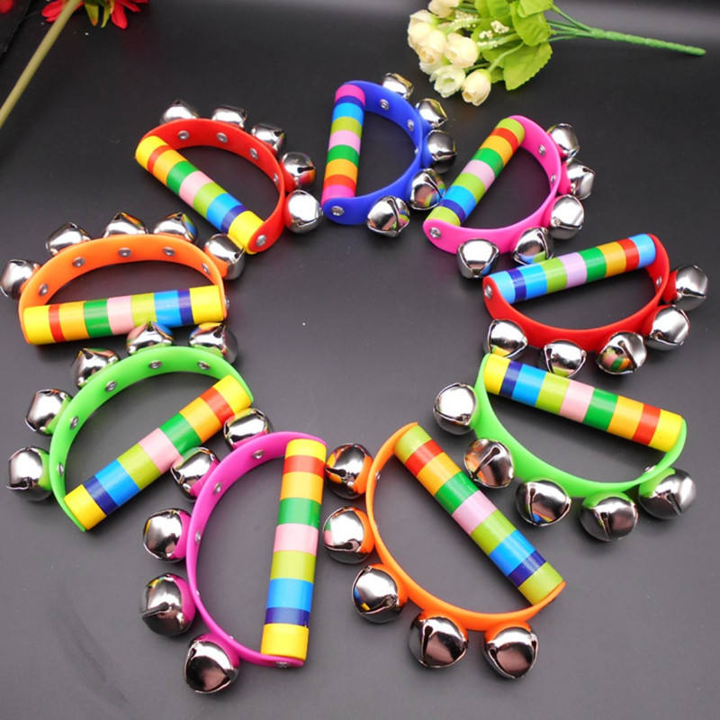 Baby Educational Toy Rainbow Wooden Hand Shake Bell Rattles Jingle Toddler Baby Rattles wrist bells