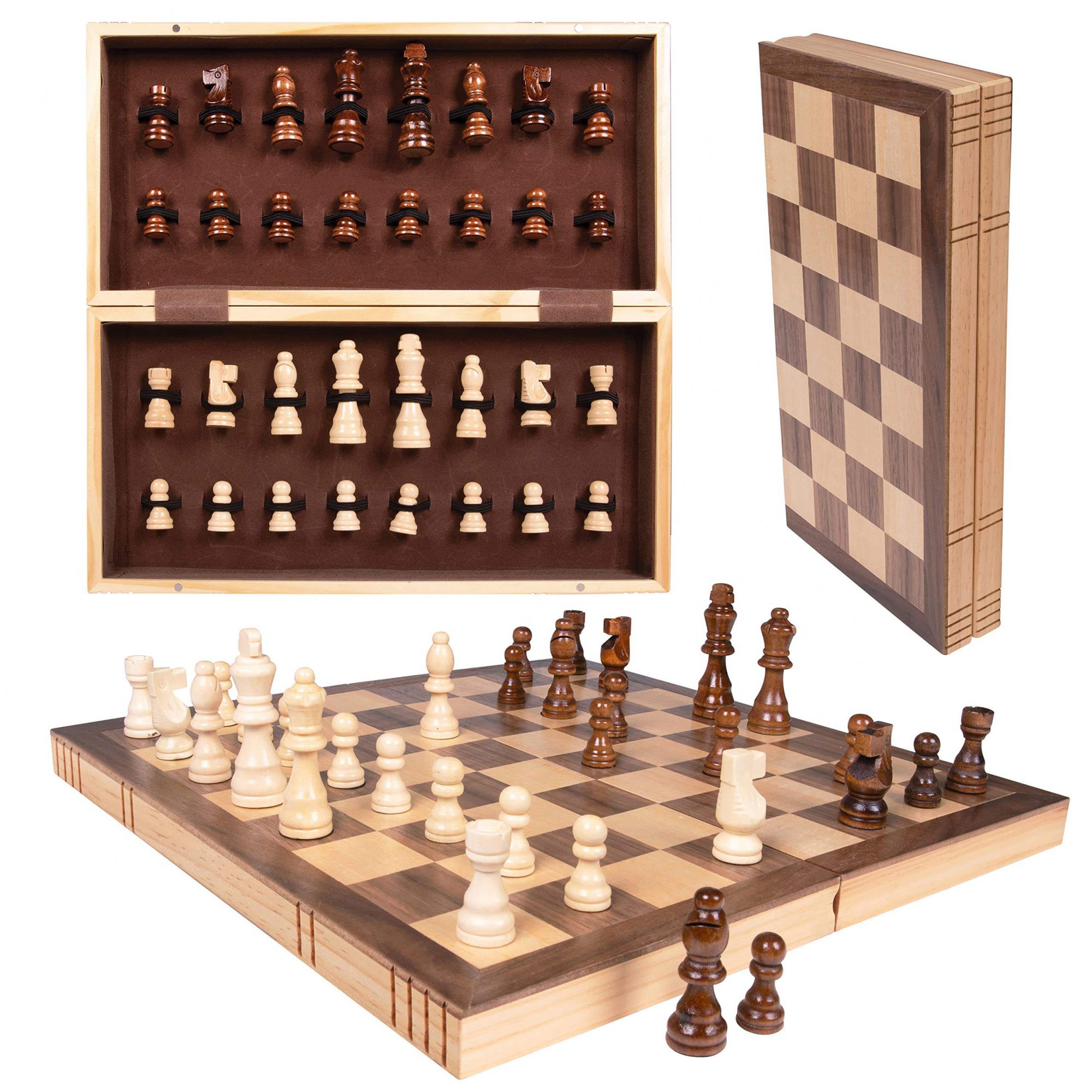 WANHUA Handmade Magnetic Wooden Folding Chess Board with Extra Queens & Storage for Chessmen, Adults and kids