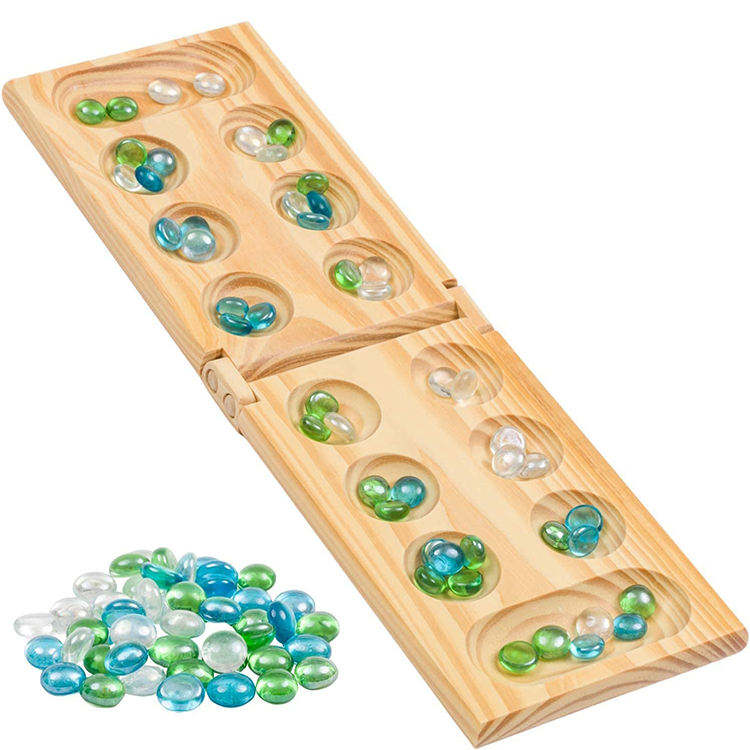 WANHUA Wooden Mancala Board Game Set Portable Foldable Wooden Board for adults and kids