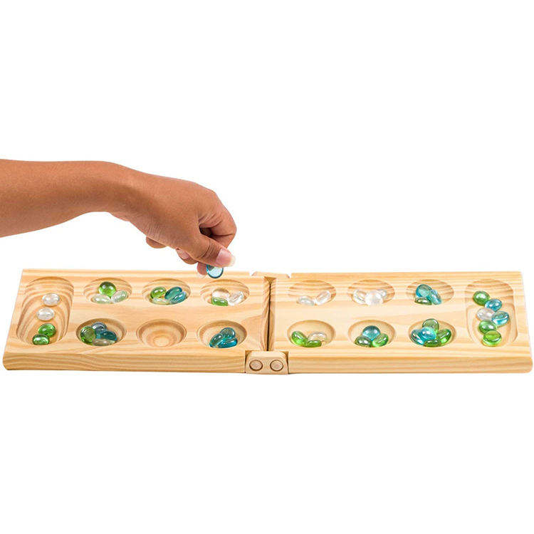 WANHUA Wooden Mancala Board Game Set Portable Foldable Wooden Board for adults and kids