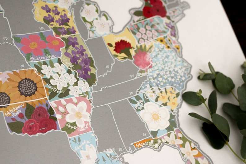 High Quality Durable Portable Scratch off USA Flower travel Map Poster American