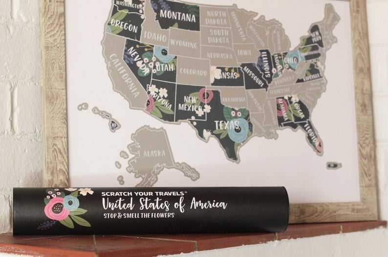 silver inique Scratch off United States Of America Floral Map as travel gift