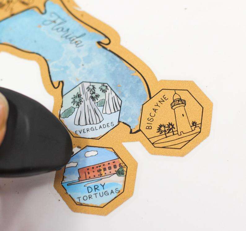 unique cartoon view scratch off US travel map