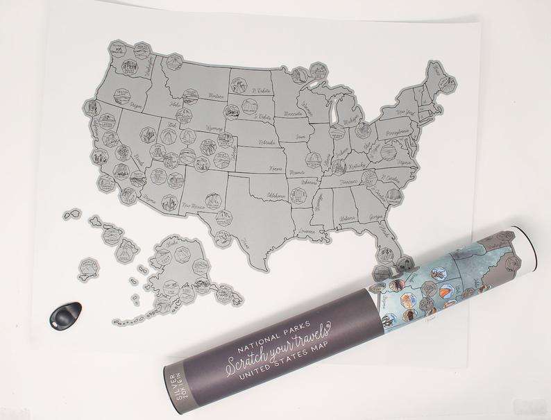 unique cartoon view scratch off US travel map