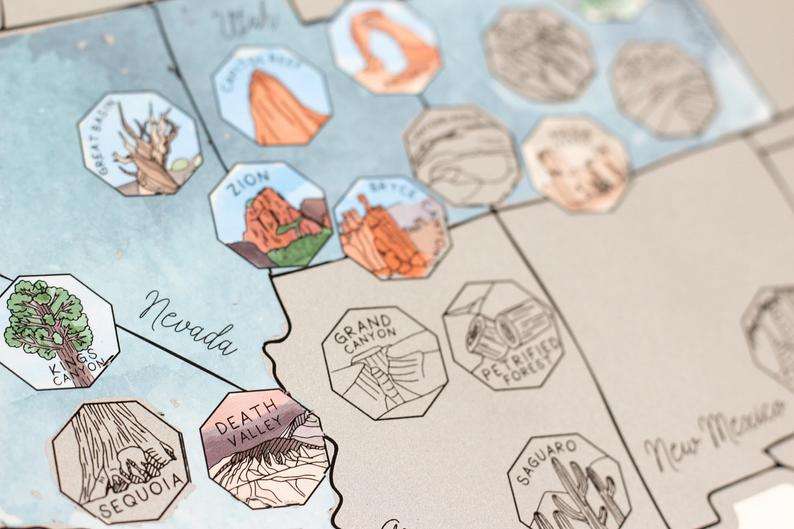 unique cartoon view scratch off US travel map