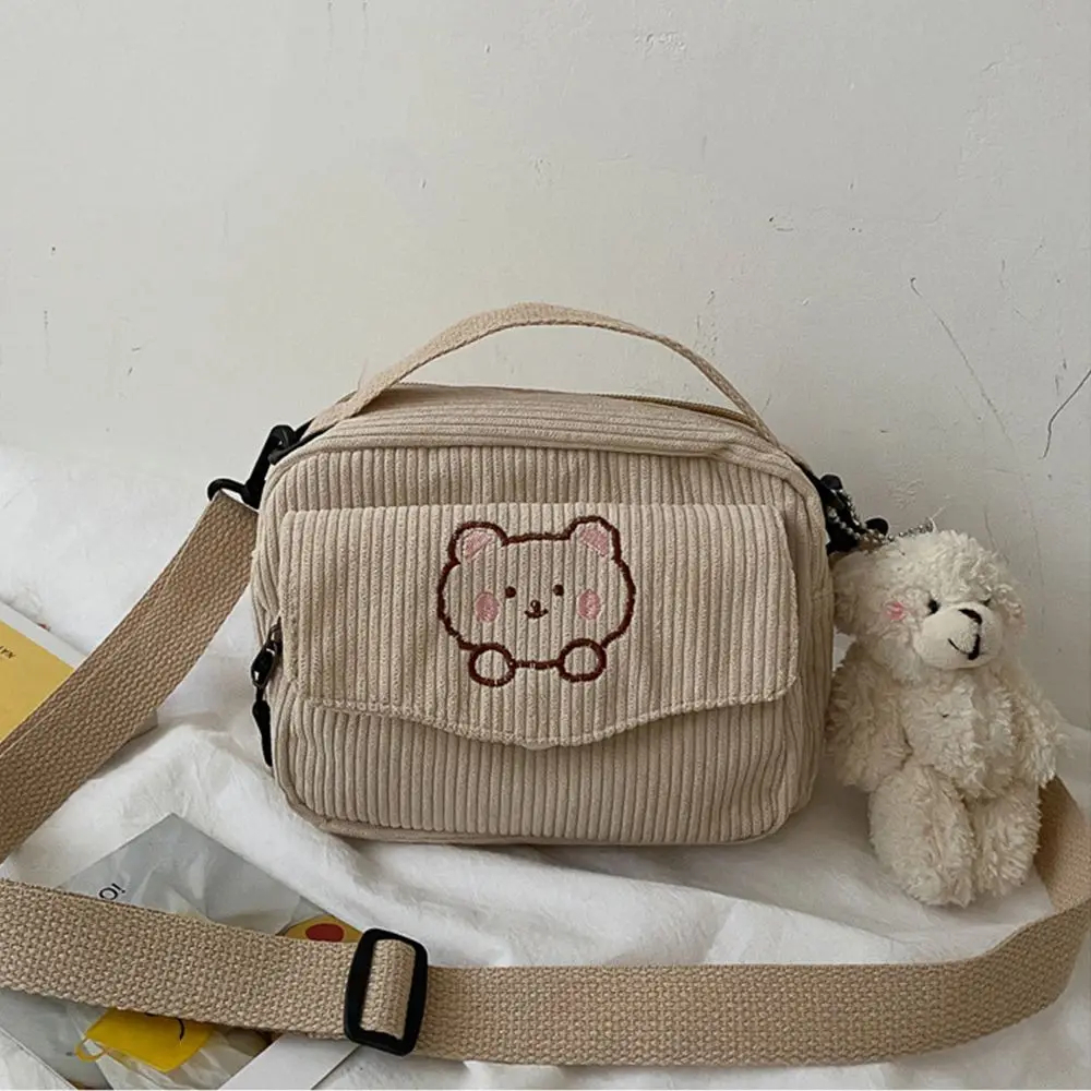 New Fashion Women Corduroy Cartoon Bear Print Shoulder Bags Student Tote Messenger Bag Satchel Travel Handbags