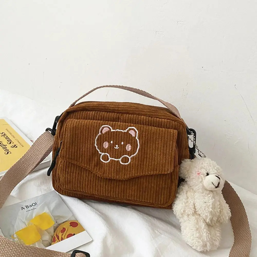 New Fashion Women Corduroy Cartoon Bear Print Shoulder Bags Student Tote Messenger Bag Satchel Travel Handbags