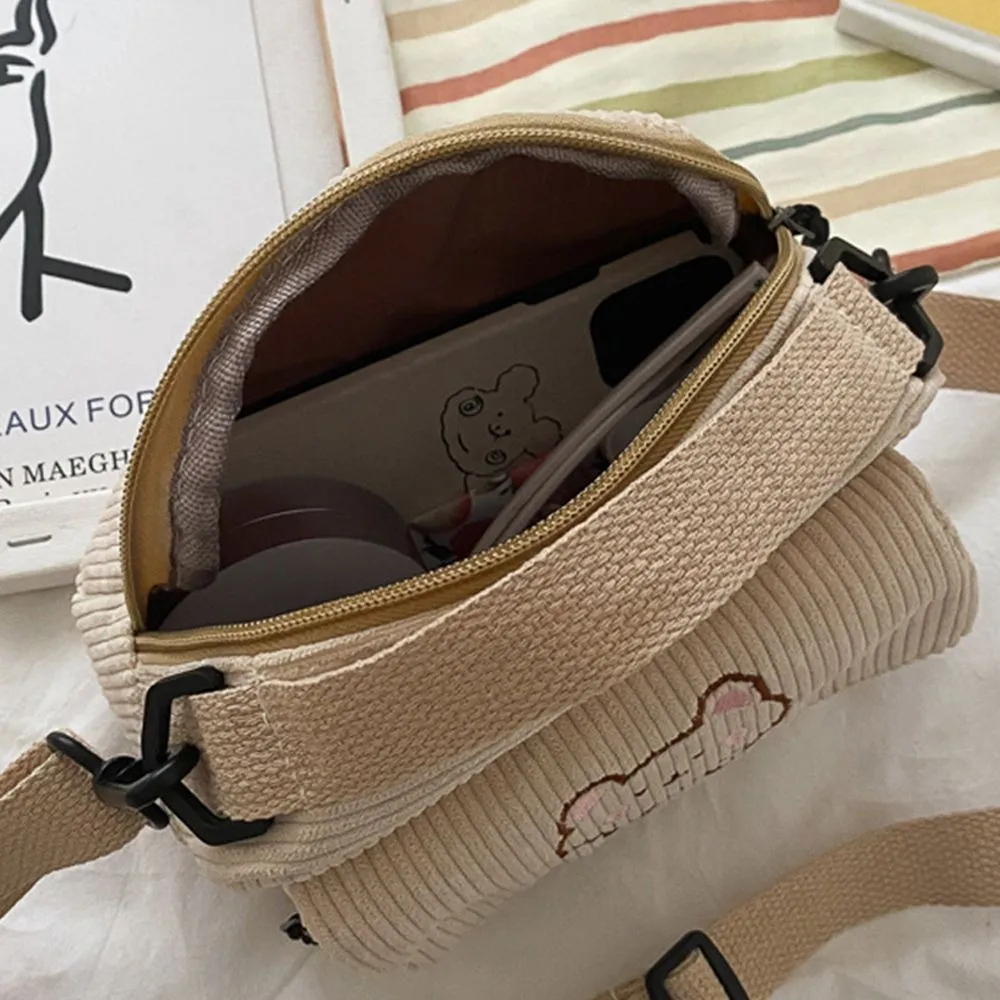 New Fashion Women Corduroy Cartoon Bear Print Shoulder Bags Student Tote Messenger Bag Satchel Travel Handbags