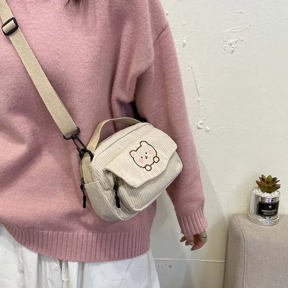 New Fashion Women Corduroy Cartoon Bear Print Shoulder Bags Student Tote Messenger Bag Satchel Travel Handbags