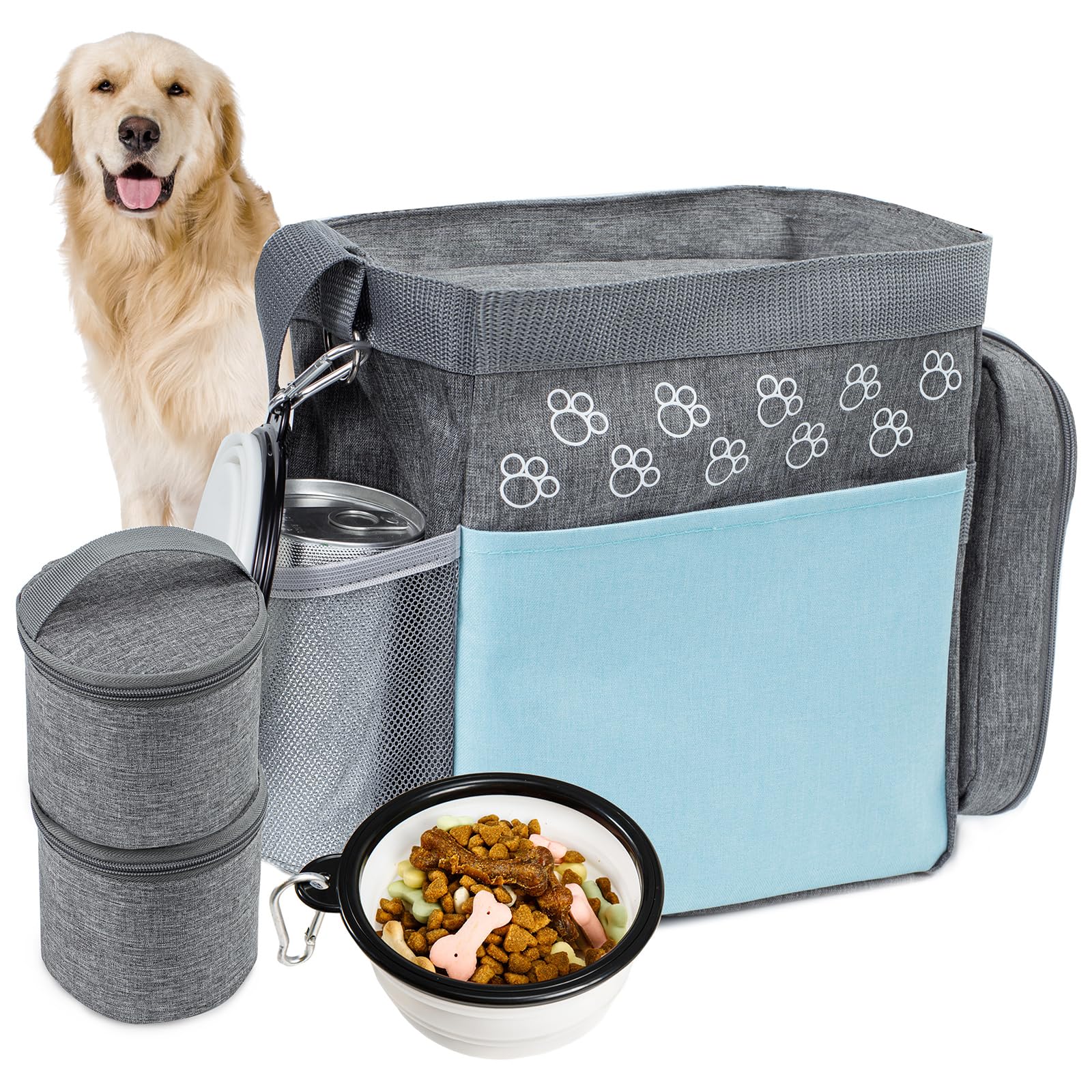 og Travel Bag, Airline Approved Dog Bags for Traveling, 2 Dog Food Travel Container and Collapsible Bowls, Weekend Dog Travel Bags for Supplies, Overnight Pet Travel Kit Accessories