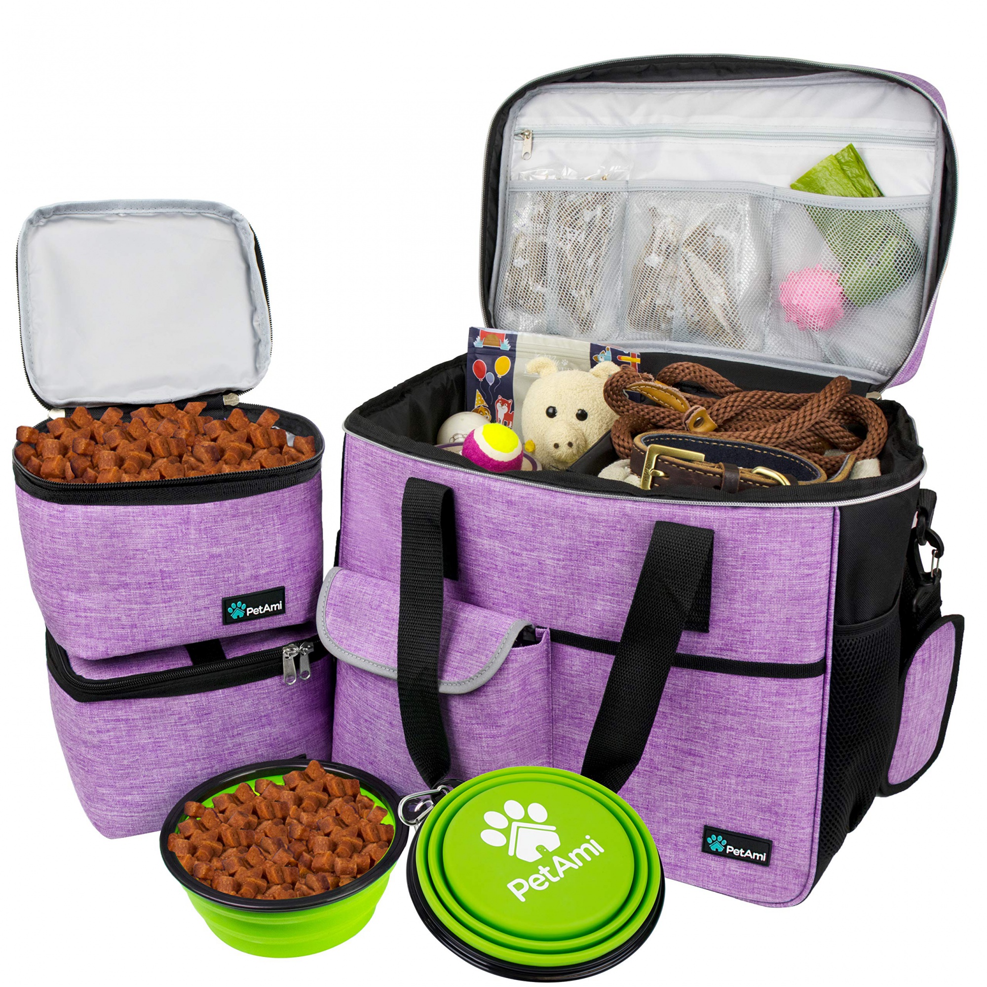 PetAmi Dog Travel Bag, Travel Pet Bag Organizer, Dog Food Travel Bag with Food Container and Bowls, Dog Travel Supplies Gift Accessories for Weekend Camping, Dog Cat Diaper Bag （Purple, Medium）