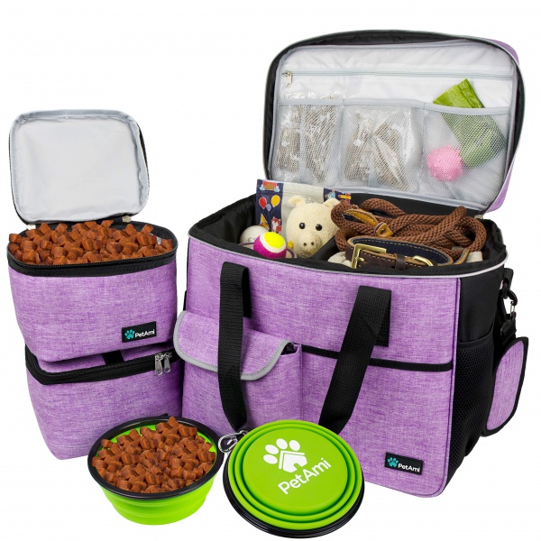 PetAmi Dog Travel Bag, Travel Pet Bag Organizer, Dog Food Travel Bag with Food Container and Bowls, Dog Travel Supplies Gift Accessories for Weekend Camping, Dog Cat Diaper Bag (Purple, Medium)