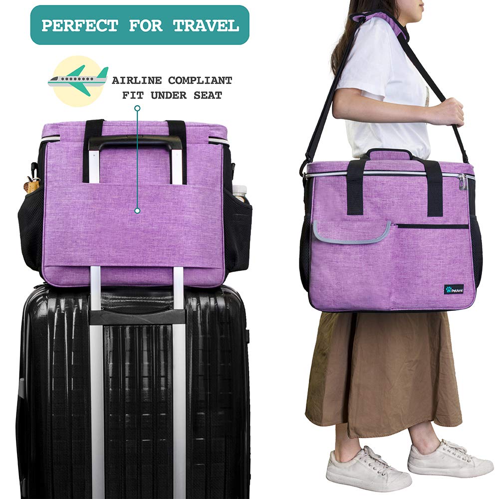 PetAmi Dog Travel Bag, Travel Pet Bag Organizer, Dog Food Travel Bag with Food Container and Bowls, Dog Travel Supplies Gift Accessories for Weekend Camping, Dog Cat Diaper Bag （Purple, Medium）
