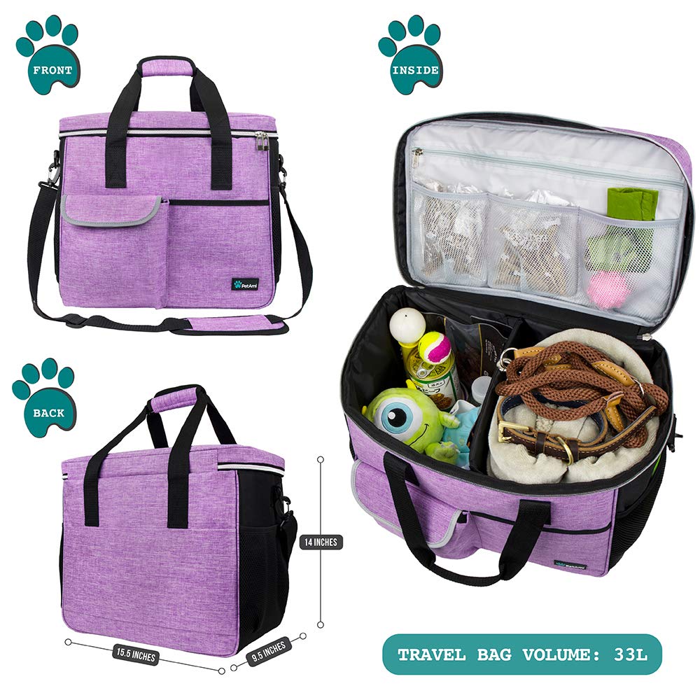 PetAmi Dog Travel Bag, Travel Pet Bag Organizer, Dog Food Travel Bag with Food Container and Bowls, Dog Travel Supplies Gift Accessories for Weekend Camping, Dog Cat Diaper Bag （Purple, Medium）
