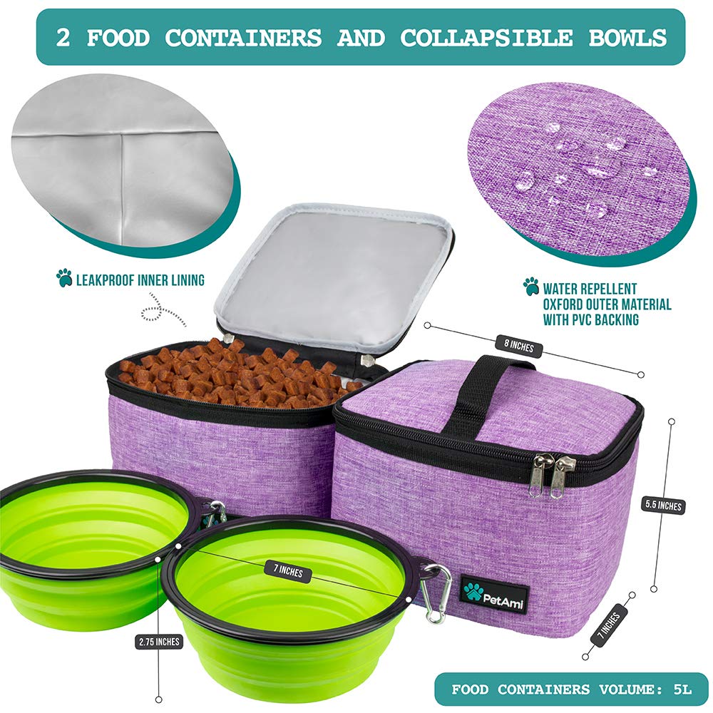 PetAmi Dog Travel Bag, Travel Pet Bag Organizer, Dog Food Travel Bag with Food Container and Bowls, Dog Travel Supplies Gift Accessories for Weekend Camping, Dog Cat Diaper Bag （Purple, Medium）