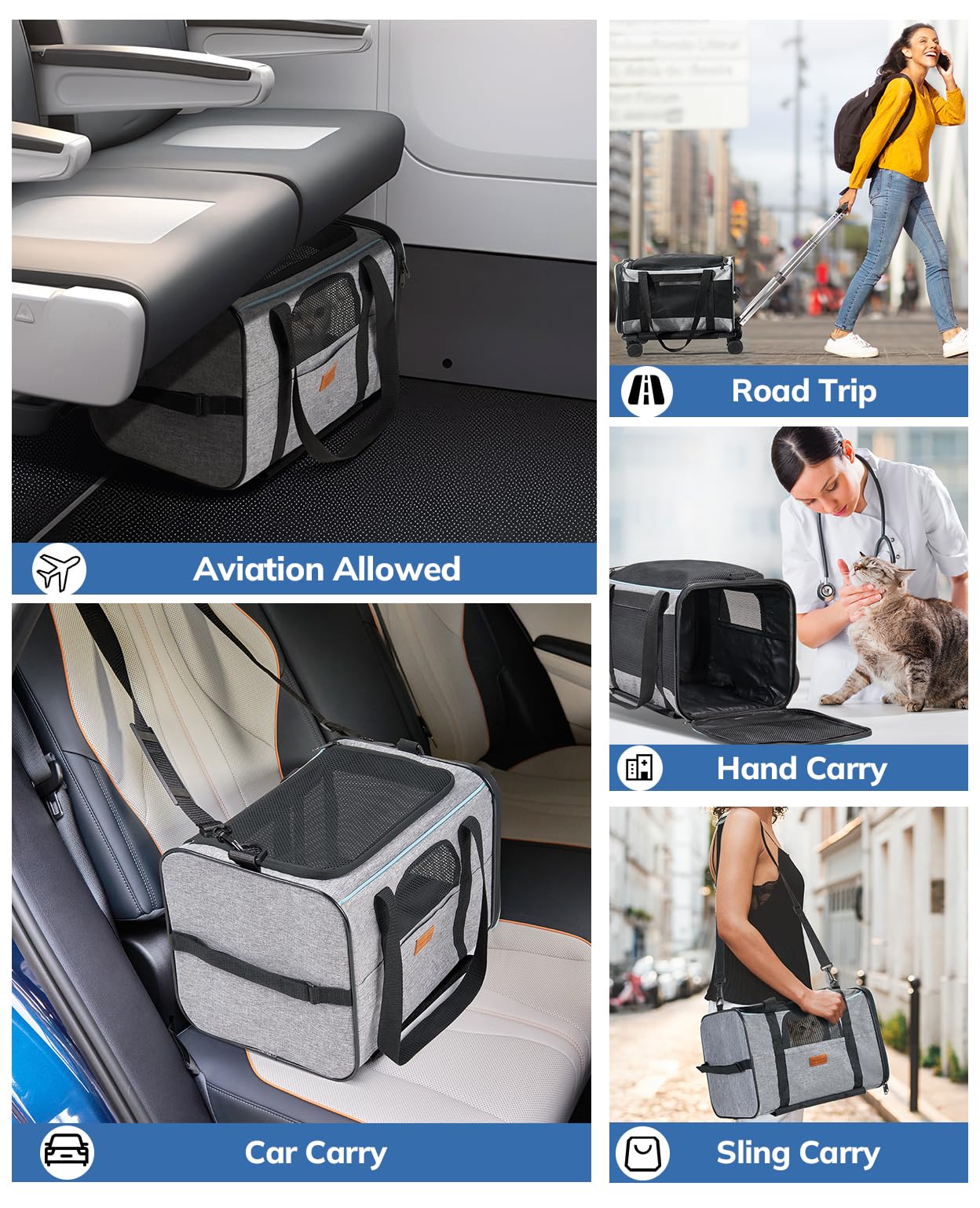 Cat Carrier with Wheels Airline Approved, Pet Dog Carrier with Wheels for Small Dogs, Rolling Cat Carrier for Small Cats Puppy Stroller Detachable and Foldable Pet Travel Bag Gray