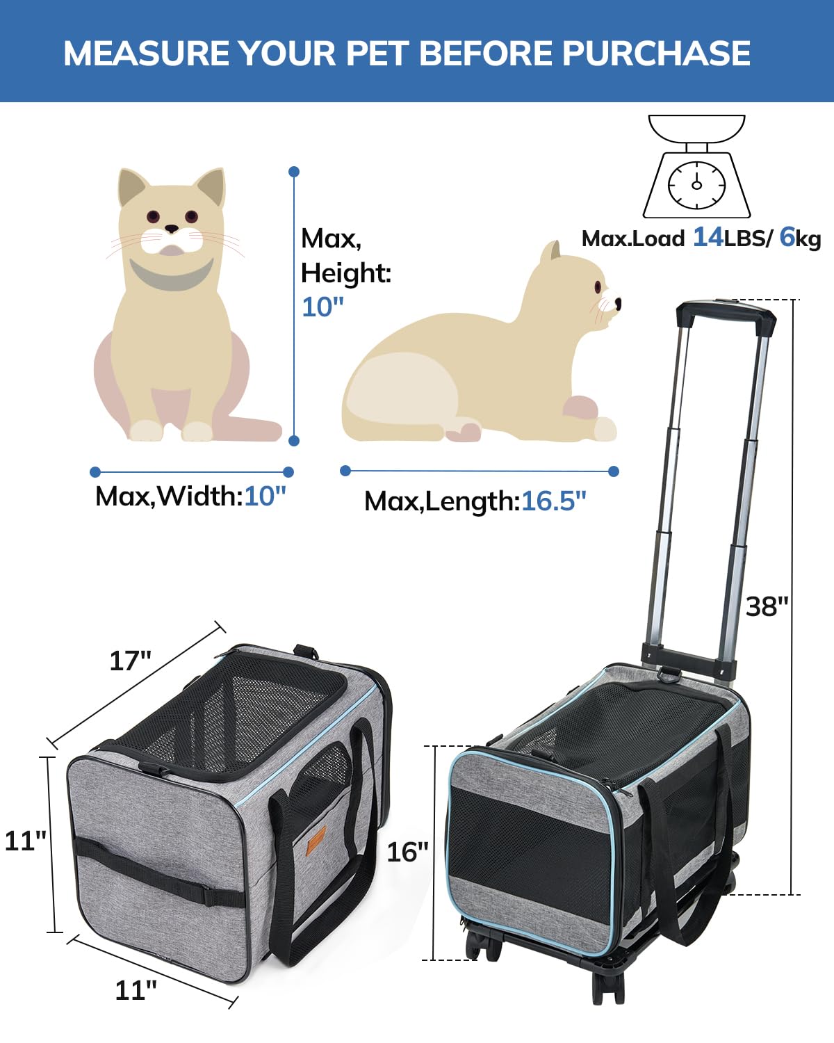 Cat Carrier with Wheels Airline Approved, Pet Dog Carrier with Wheels for Small Dogs, Rolling Cat Carrier for Small Cats Puppy Stroller Detachable and Foldable Pet Travel Bag Gray