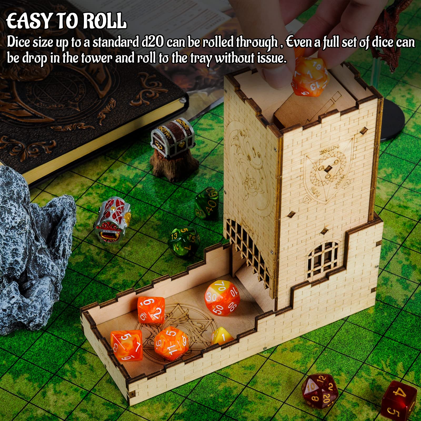 castle wood Laser Cut Dragon Carving Easy Roller Perfect dnd draw equipment dice tower with tray