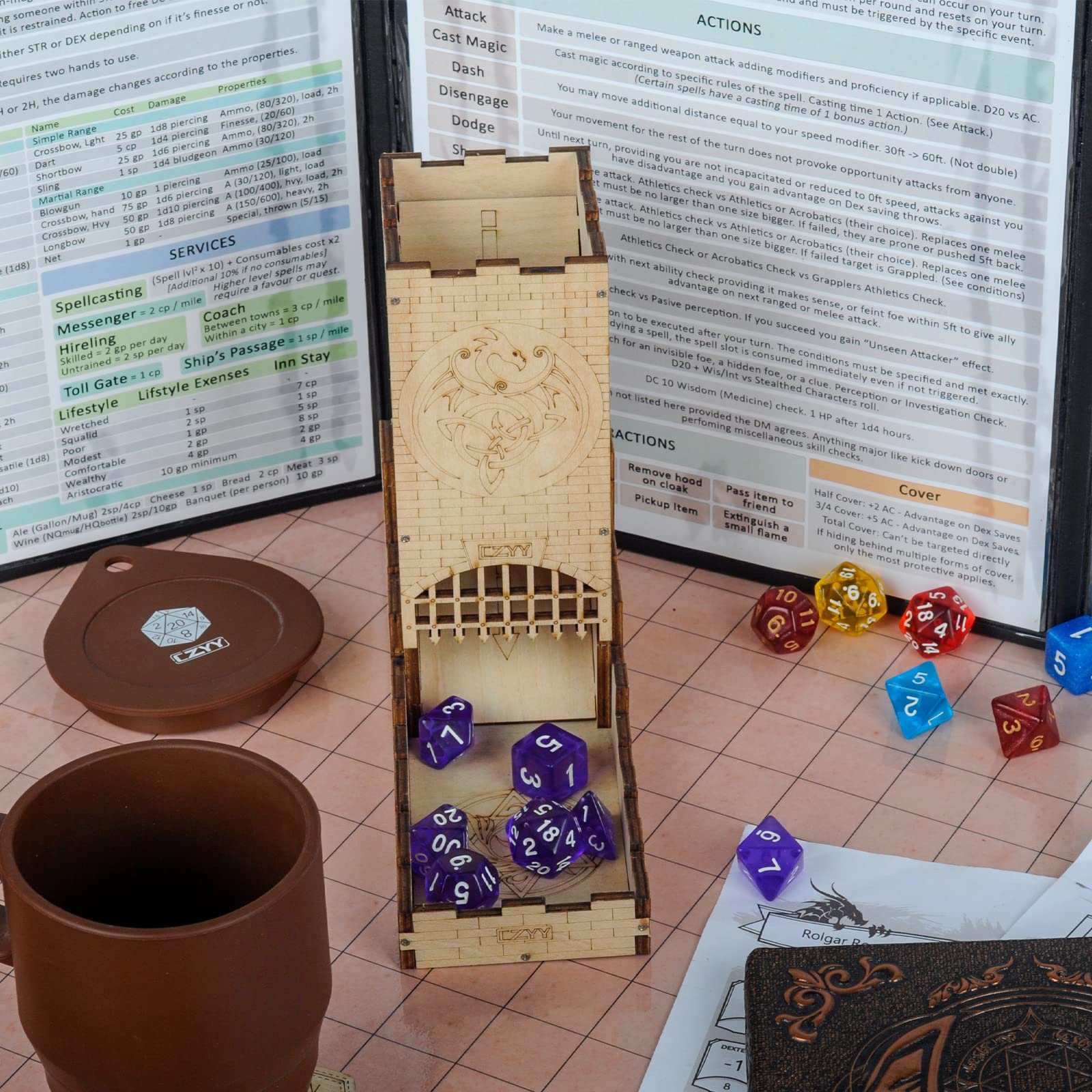 castle wood Laser Cut Dragon Carving Easy Roller Perfect dnd draw equipment dice tower with tray