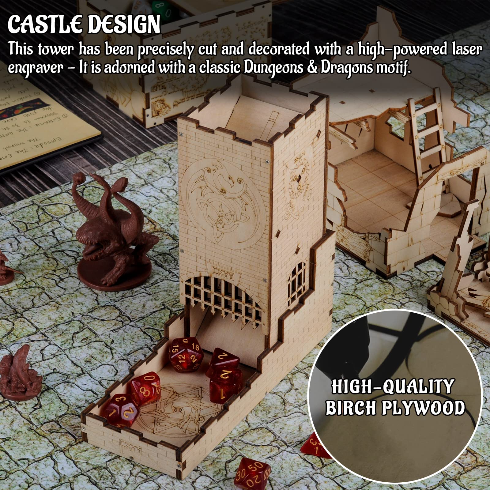 castle wood Laser Cut Dragon Carving Easy Roller Perfect dnd draw equipment dice tower with tray