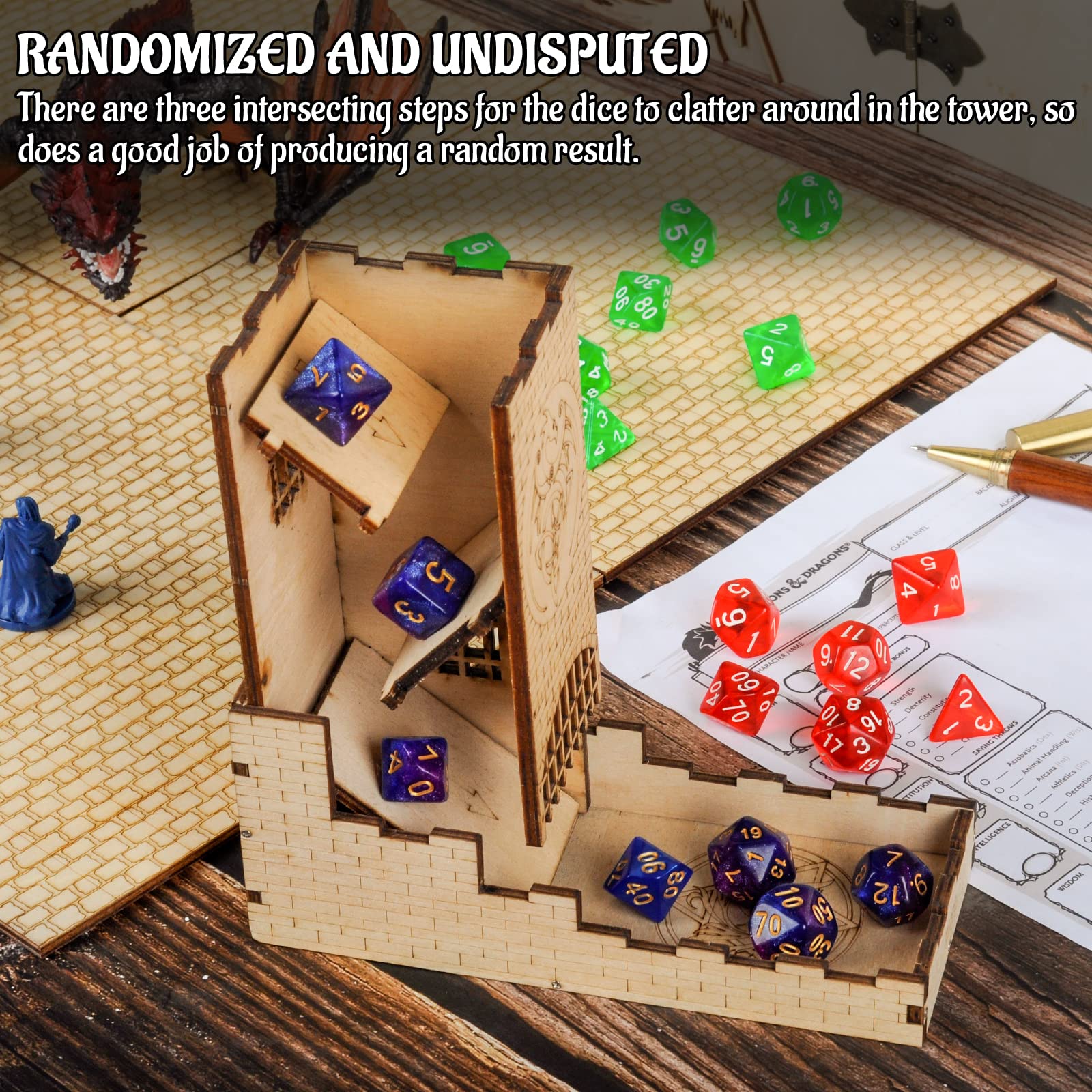 castle wood Laser Cut Dragon Carving Easy Roller Perfect dnd draw equipment dice tower with tray