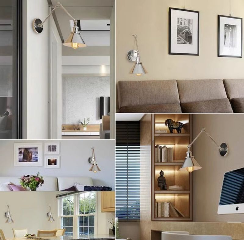 Silver iron Nordic style retractable rocker arm bedside lamp in master bedroom