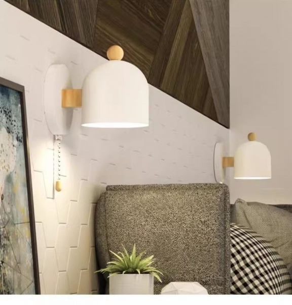 White wood, iron household porch study bed pull rope switch wall lamp