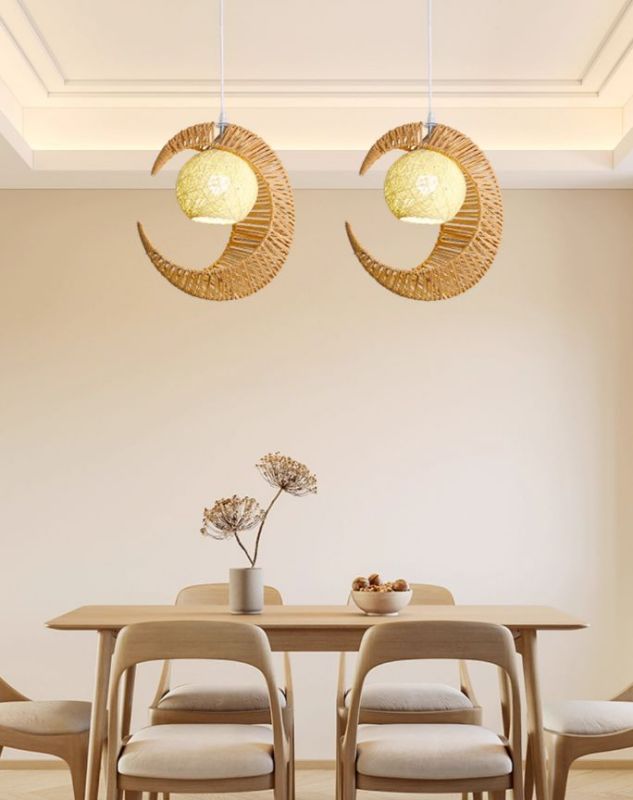 Yellow paper rope, iron art moon design warm paper rope bar chandelier