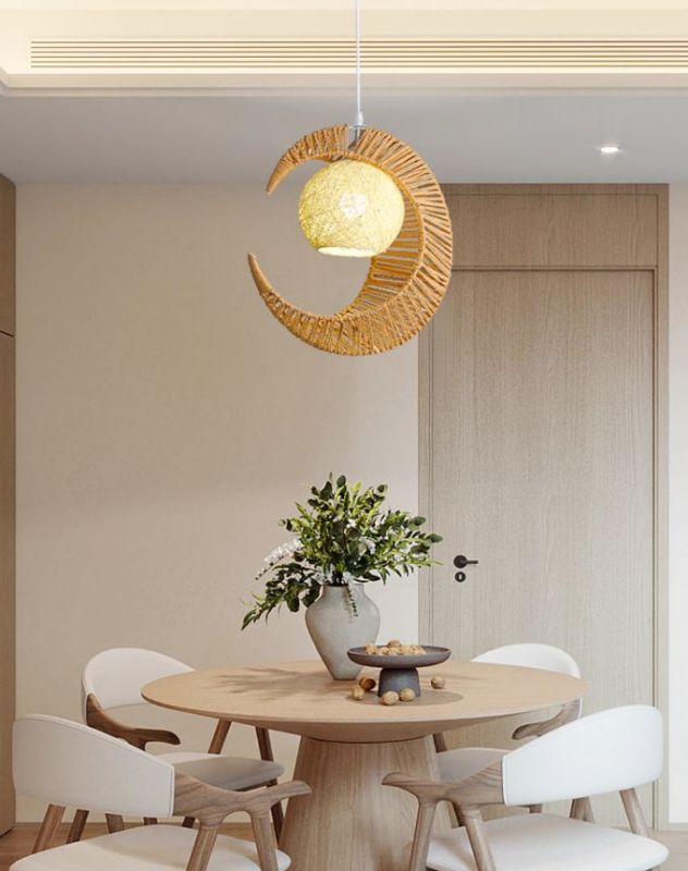 Yellow paper rope, iron art moon design warm paper rope bar chandelier
