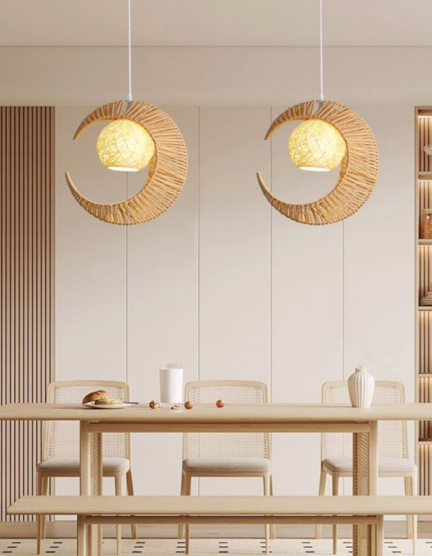 Yellow paper rope, iron art moon design warm paper rope bar chandelier