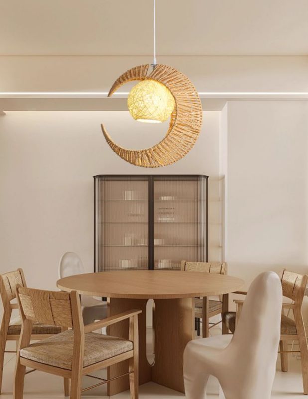 Yellow paper rope, iron art moon design warm paper rope bar chandelier