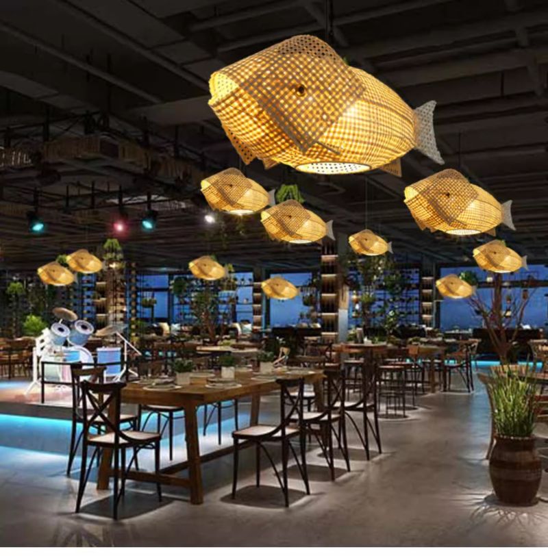 Beige rattan woven Japanese restaurant Southeast Asian carp bamboo lamp