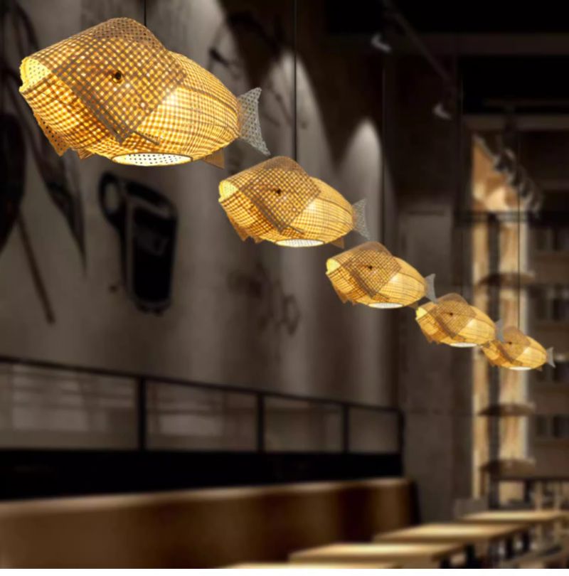 Beige rattan woven Japanese restaurant Southeast Asian carp bamboo lamp
