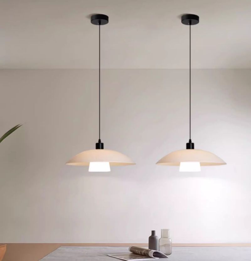 Three color light iron art, glass chandelier milk flying saucer table wind lighting