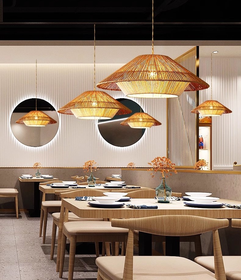 Rice hemp wood, iron Japanese style retro twine restaurant woven lights