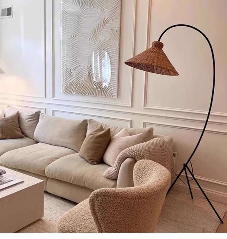 Black rattan, iron retro wabi-Sabi Feng rattan design sense vertical floor lamp
