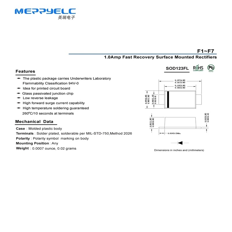 F1~F7 SOD-123FL  1.0Amp Fast Recovery Surface Mounted Rectifiers  Diode  Semiconductor Diode FR107 DO-41