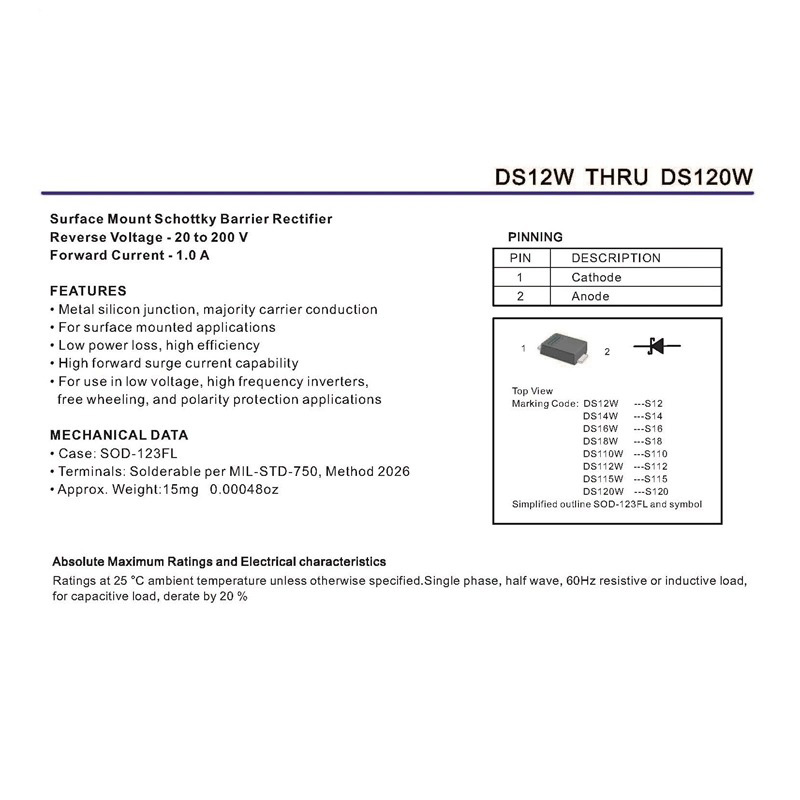DS12W THRU DS120W  SOD-12FL  Surface Mount Schottky Barrier Rectifier Diode B5819W K14