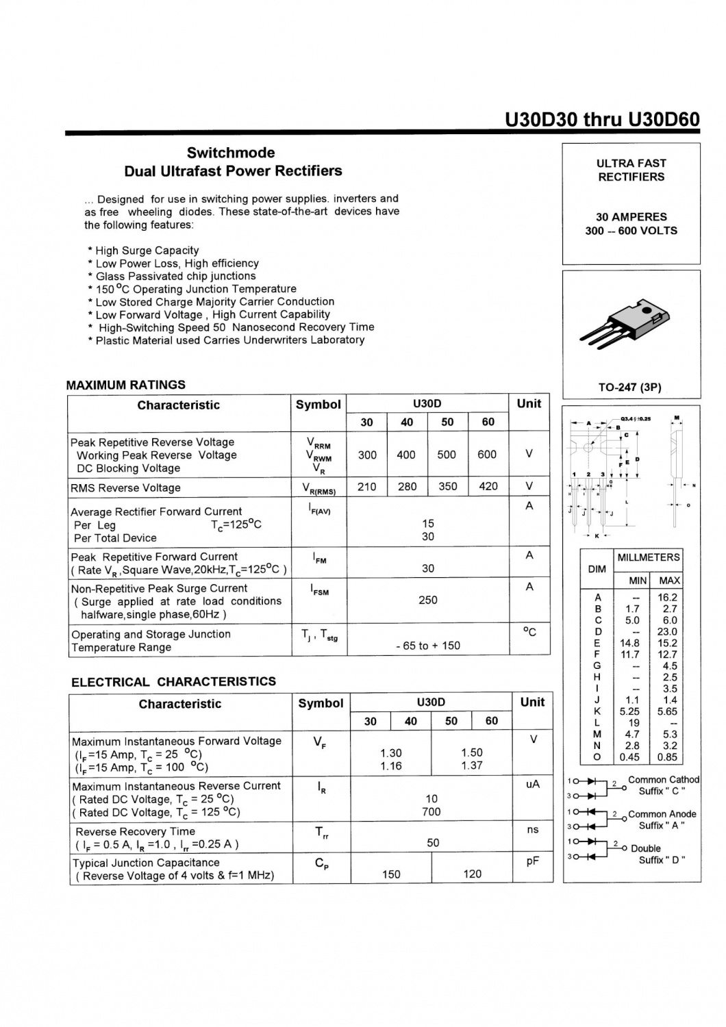 U30D40C TO-3P SwitchmodeDual Ultrafast Power Rectifiers