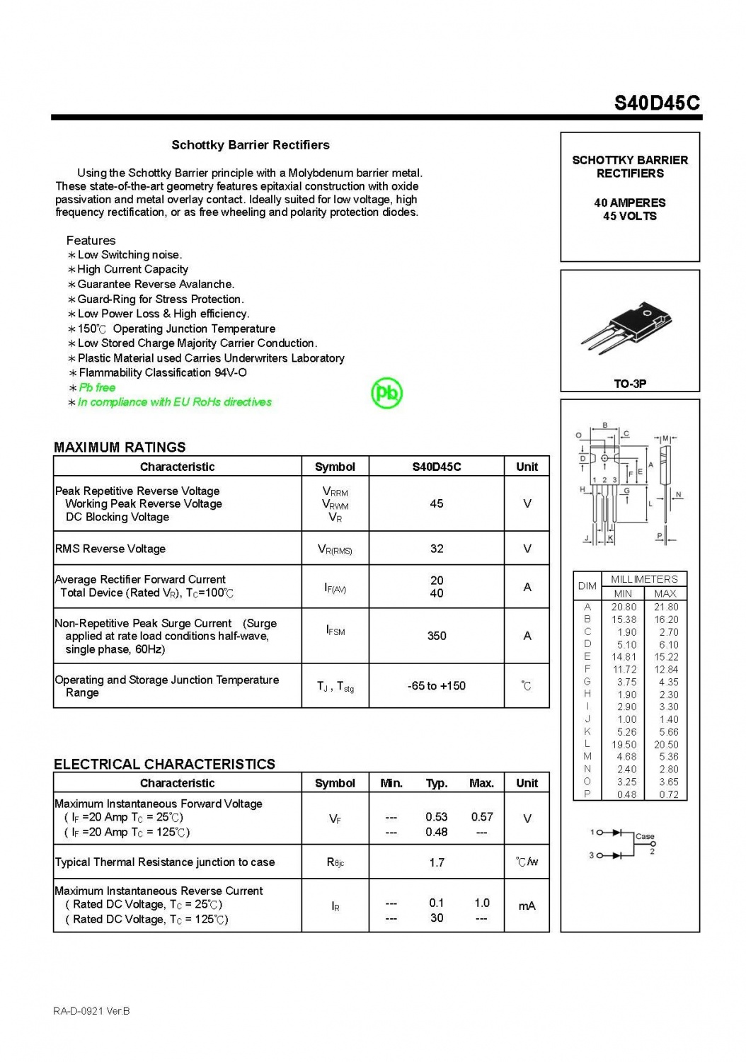 S40D45C TO-3P  Schottky Barrier Rectifiers