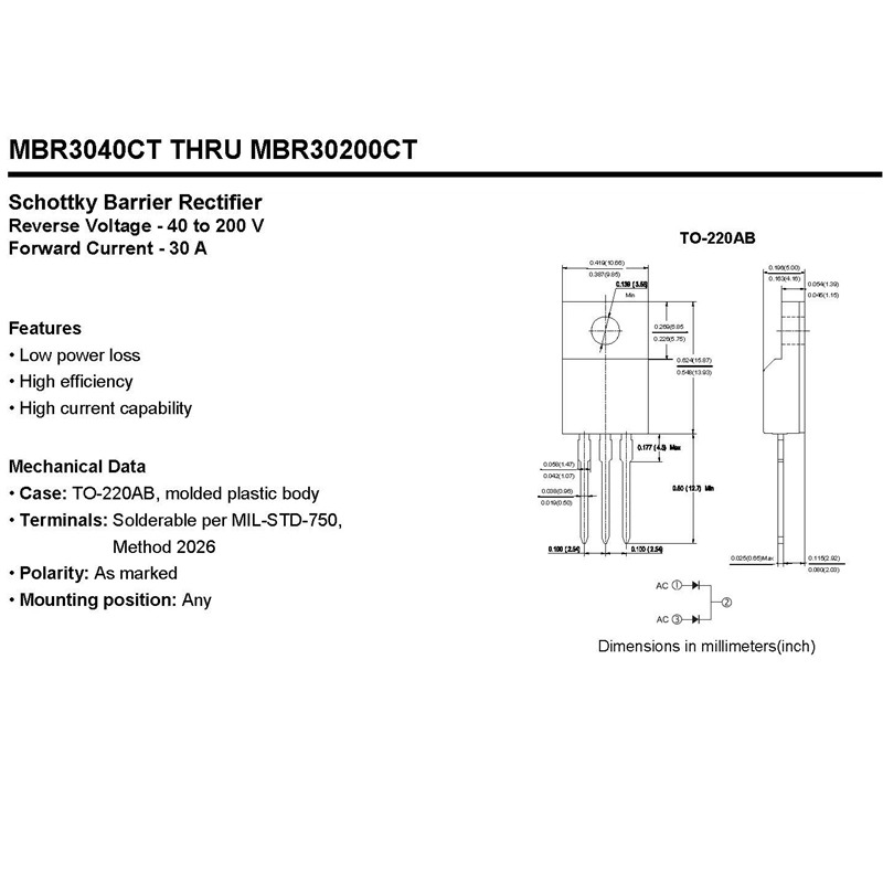 MBR30150CT TO-220AB Schottky Barrier Rectifier Reverse Voltage - 40 to 200 V Forward Current - 30 A
