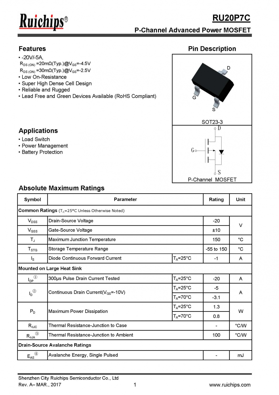 SOT23-3 P-Channel Advanced Power MOSFET