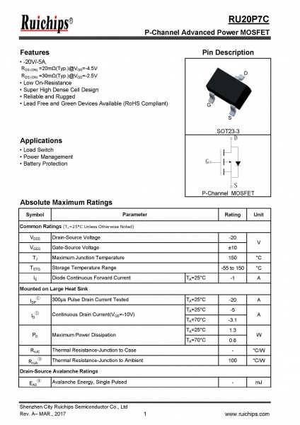SOT23-3 P-Channel Advanced Power MOSFET