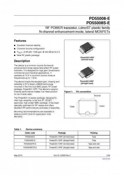 RF POWER transistor, LdmoST plastic family N-channel enhancement-mode, lateral MOSFETs