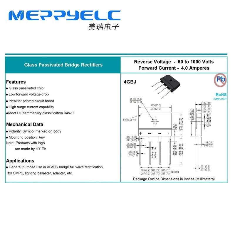 4GBJ406 Reverse Voltage -600 Volts Forward Current - 4.0 Amperes Glass Passivated Bridge Rectifiers